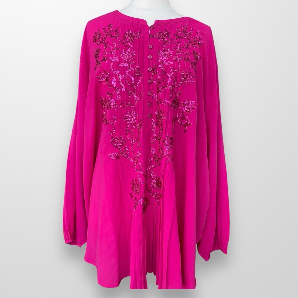 Roaman's Womans Size 42W Blouse Top Shirt Pink Flowy Sequin Long‎ Sleeve Fuchsia